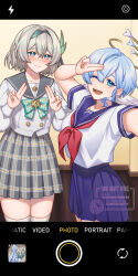  absurdres alternate_costume alternate_hairstyle blue_hair bob_cut commentary english_commentary firefly_(honkai:_star_rail) firefly_(spring_missive)_(honkai:_star_rail) highres honkai:_star_rail honkai_(series) official_alternate_costume pixie_cut robin_(honkai:_star_rail) school_uniform selfie taking_picture yoghurtstripper 