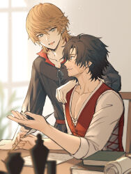  2boys arm_on_another's_shoulder beard_stubble black_hair black_shirt blonde_hair blurry blurry_foreground book brothers clive_rosfield commentary earrings facial_hair final_fantasy final_fantasy_xvi grey_eyes hair_between_eyes holding holding_quill jewelry joshua_rosfield looking_at_another male_focus miumiu76706 multiple_boys open_mouth quill red_vest scar scar_on_cheek scar_on_face scroll shirt siblings sitting smile stubble talking untranslatable_commentary upper_body vest white_shirt 
