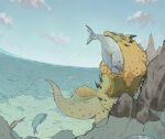  animal blue_eyes claws clouds fins fish holding holding_animal holding_fish horizon horns hunting monster_hunter_(series) nature no_humans ocean open_mouth rock royal_ludroth sky spikes sponge user_gdzk5382 yellow_eyes 