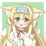  1girl animal_ear_fluff animal_ears arknights blonde_hair blue_hairband blush border cardigan colored_tips commentary_request fox_ears fox_girl fox_tail frilled_hairband frills green_background green_eyes hair_between_eyes hairband hand_up highres kitsune kyuubi long_hair long_sleeves looking_at_viewer mia_yorumiya multicolored_hair multiple_tails neck_ribbon official_alternate_costume open_mouth outside_border puffy_long_sleeves puffy_sleeves red_ribbon ribbon shirt solo suzuran_(arknights) suzuran_(spring_praise)_(arknights) tail upper_body white_border white_hair white_shirt yellow_cardigan 