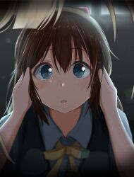  2girls absurdres blue_eyes blue_shirt blue_vest brown_hair commentary_request dark_background erumu_(kongou114) eye_reflection hair_ribbon hands_on_another's_face highres light_blush long_hair love_live! love_live!_nijigasaki_high_school_idol_club medium_hair multiple_girls nakasu_kasumi neck_ribbon nijigasaki_school_uniform open_mouth osaka_shizuku pov pov_hair red_ribbon reflection ribbon school_uniform shirt summer_uniform vest window yellow_ribbon 
