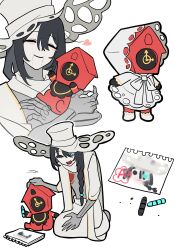  1boy 1other absurdres aqua_eyes bonnet clock closed_mouth commentary crayon cuckoo_clock dante_(limbus_company) dress hat heart heterochromia highres hong_lu_(project_moon) leummeul limbus_company object_head open_mouth petting project_moon ring_(identity)_(project_moon) sitting skin_seams smile untranslatable_commentary white_bonnet white_dress white_hat 