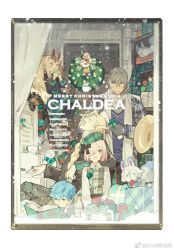  2019 2girls 3boys :d altera_(fate) altera_the_santa_(fate) alternate_costume antonio_salieri_(fate) artist_name beret black_coat black_pants blonde_hair blue_hair blue_sweater_vest blush book cameo character_doll christmas closed_eyes coat collared_shirt crossed_bangs curly_hair doll door doughnut dress eating fate/grand_order fate_(series) food fou_(fate) from_outside gift glasses green_hat green_scarf grey_dress grey_hair hair_over_one_eye hans_christian_andersen_(fate) hat horns ibaraki_douji_(fate) instrument jewelry ladder long_sleeves mash_kyrielight merry_christmas multiple_boys multiple_girls open_mouth pants phonograph piano pinafore_dress plaid_clothes plaid_hat plaid_scarf purple_hair reading ring scarf shirt short_hair sitting sleeveless sleeveless_dress smile snowing standing starshadowmagician stuffed_toy sweater_vest torn_clothes torn_pants watermark weibo_watermark white_scarf white_shirt window wing_collar wolfgang_amadeus_mozart_(fate) wreath yawning 