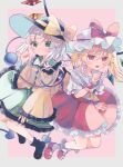  2girls ascot black_headwear blonde_hair bow buttons crystal diamond_button fang flandre_scarlet frilled_shirt_collar frilled_sleeves frills green_skirt hat hat_bow hat_ribbon heart heart_of_string hiyuu_(hiyualice) komeiji_koishi mob_cap multicolored_wings multiple_girls one_side_up puffy_short_sleeves puffy_sleeves red_eyes red_skirt ribbon shirt short_sleeves skirt third_eye touhou wide_sleeves wings yellow_ascot yellow_ribbon yellow_shirt 