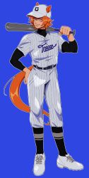  1girl absurdres animal_ears baseball baseball_bat baseball_jersey baseball_uniform belt black_belt black_socks ears_through_headwear full_body hair_between_eyes hand_on_own_hip highres holding holding_baseball_bat horse_ears horse_girl horse_tail jersey layered_sleeves long_sleeves looking_at_viewer metal_baseball_bat open_mouth orange_hair pants pinstripe_pattern raccrows shirt shoes short_hair short_over_long_sleeves short_sleeves simple_background smile socks solo sportswear t.m._opera_o_(umamusume) tail umamusume violet_eyes white_pants white_shirt 
