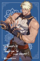  1boy abs arm_tattoo armlet artist_name belt black_gloves blonde_hair blue_background bodysuit character_name chinese_clothes commission covered_abs covered_navel covered_pectorals dragon_tattoo fingerless_gloves gloves gold_trim haruakira jewelry large_pectorals male_focus manly muscular muscular_male navel original palm-fist_greeting pants patterned_background pectoral_cleavage pectorals pelvic_curtain red_belt red_eyes scar scar_on_face scar_on_nose shenn_(kirostyle) short_hair sleeveless sleeveless_bodysuit spiky_hair tattoo undercut veins veiny_arms white_bodysuit white_pants yaopei 