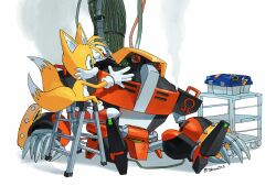  1boy animal_ears animal_nose artist_name assembling blue_eyes cable closed_mouth commentary_request crack cracked_glass crate damaged e-123_omega exposed_internal_machinery fox fox_boy fox_ears fox_tail furry furry_male gloves green_eyes highres holding holding_screwdriver ladder male_focus mecha multiple_tails repairing robot screwdriver shoes sitting sonic_(series) steaming_body stepladder stoo stool tail tails_(sonic) tokiwa757 tube twitter_username two_tails white_background white_gloves wire yellow_fur 