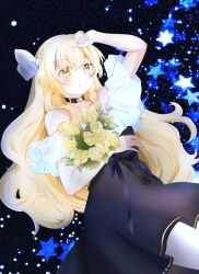  1girl absurdres alternate_costume black_choker black_dress blonde_hair bow braid chinese_commentary choker commentary_request dress flower hair_bow highres holding holding_flower kirisame_marisa long_hair missing_headwear off-shoulder_dress off_shoulder pantyhose rose side_braid single_braid solo star_(symbol) touhou two-tone_dress very_long_hair white_bow white_dress white_pantyhose wu_yu_wanwan yellow_eyes yellow_flower yellow_rose 
