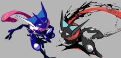 greninja holding holding_kunai holding_weapon kunai long_tongue pokemon pokemon_(creature) shiny_skin shuriken tongue tongue_scarf usduvi very_long_tongue weapon webbed_feet 