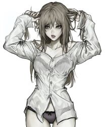  1girl black_bra black_panties blonde_hair bra breasts lace lace-trimmed_bra lace_panties lace_trim looking_to_the_side makeup mascara original pale_skin panties partially_unbuttoned playing_with_own_hair pyanyasha shirt underwear wet wet_clothes wet_shirt 