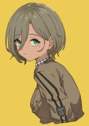  1girl absurdres breasts brown_hair brown_jacket censored closed_mouth commentary girls_band_cry hair_between_eyes highres jacket long_hair_between_eyes looking_at_viewer medium_breasts mosaic_censoring rupa_(girls_band_cry) short_hair simple_background solo tinkie upper_body yellow_background 