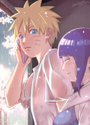  1boy 1girl aika_nrt blonde_hair blue_eyes blue_hair commentary_request dated hyuuga_hinata naruto_(series) naruto_shippuuden rain shirt short_hair twitter_username upper_body uzumaki_naruto wet white_hair white_shirt 