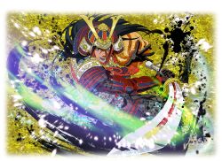  1boy alternate_costume armor black_hair helmet holding holding_sword holding_weapon japanese_armor kabuto_(helmet) katana looking_at_viewer naruto_(series) naruto_shippuuden:_ultimate_ninja_blazing official_art open_mouth samurai senju_hashirama shoulder_armor sode solo sword teeth weapon 