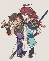  2boys armor brown_eyes brown_hair cantobear commentary english_commentary fire_emblem fire_emblem_fates hinata_(fire_emblem) holding holding_polearm holding_sword holding_weapon japanese_armor japanese_clothes katana long_hair male_focus multiple_boys open_mouth polearm ponytail red_hair samurai subaki_(fire_emblem) sword weapon 