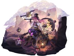  1girl anchor artist_request asymmetrical_gloves black_gloves boots briefcase brown_boots brown_corset chain character_doll corked_bottle corset doll drone eyepatch flat_chest flying glasses gloves goggles goggles_on_headwear hat holding holding_sword holding_telescope holding_weapon jacket knee_boots lantern leggings long_hair looking_through_scope necktie off_shoulder official_art parted_lips path_to_nowhere pink_eyes pink_hair pink_leggings pink_necktie puffy_short_sleeves puffy_sleeves purple_skirt round_eyewear sheath sheathed shirt short_sleeves skirt smile steampunk stuffed_animal stuffed_rabbit stuffed_toy summer_(path_to_nowhere) sword telescope top_hat weapon white_shirt yellow_jacket 