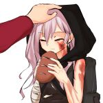  1boy 1girl backpack bag bandaged_arm bandaged_hand bandages black_bag black_hood bread burn_scar closed_eyes closed_mouth commander_(girls&#039;_frontline) commentary english_commentary food gio_paint girls_frontline griffin_&amp;_kryuger_military_uniform hair_between_eyes headpat highres holding holding_food light_smile long_hair pink_hair poverty refugee_(girls&#039;_frontline) scar shirt simple_background sleeveless sleeveless_shirt solo_focus torn_clothes upper_body white_background 