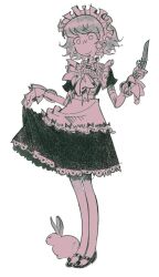  1girl animal apron black_bow black_shoes black_skirt bow closed_mouth clothes_lift earrings full_body high_heels highres holding holding_knife jewelry jokioro knife maid maid_apron maid_headdress mary_janes monochrome no_pupils original rabbit shoes short_hair short_sleeves skirt skirt_lift smile solo sphere_earrings standing white_background 