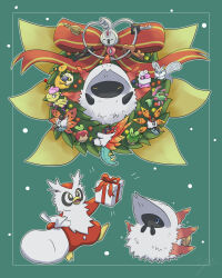  absurdres alternate_color ampharos applin black_eyes blue_eyes bow box bright_pupils christmas_present christmas_wreath closed_eyes commentary_request cradily delibird flaaffy frosmoth gift gift_box green_background green_outline highres holding holding_box holding_gift iron_moth jangmo-o key klefki larvesta mareep no_humans outline pokemon pokemon_(creature) pokemon_focus red_bow shiny_and_normal shiny_pokemon slither_wing sparkle volcarona white_pupils wreath yu_(pocketsun636) 