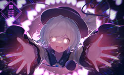 1girl :d absurdres black_hat broken broken_chain chain commentary hat heart highres komeiji_koishi looking_at_viewer open_mouth reaching reaching_towards_viewer shinketsu_kanyu shirt smile solo tears touhou wide_sleeves yellow_shirt 
