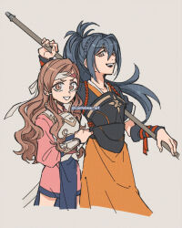  2girls armor blue_hair brown_eyes brown_hair cantobear commentary english_commentary fire_emblem fire_emblem_fates hana_(fire_emblem) headband holding holding_polearm holding_weapon japanese_armor multiple_girls oboro_(fire_emblem) orange_eyes polearm samurai weapon white_armor white_headband 