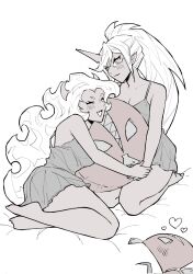  2girls blue_hair colored_skin commentary_request demon_girl demon_horns fastener_(psg) flat_color highres horns kneesocks_(psg) lanlan808me long_hair multiple_girls nightgown panty_&amp;_stocking_with_garterbelt ponytail red_skin scanty_(psg) 