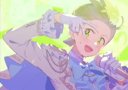  1boy :d blue_bow blue_bowtie bow bowtie cilan_(pokemon) commentary_request gloves green_background green_eyes green_hair hands_up holding holding_microphone jacket long_sleeves looking_at_viewer male_focus microphone open_mouth pokemon pokemon_bw portrait serizawa_serizane short_hair smile solo sweat v white_gloves white_jacket 