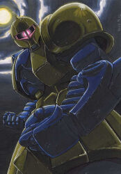  2002 bad_id clenched_hands cowboy_shot dated from_below full_moon glowing glowing_eye gundam kurubushi_(kurubusi) looking_at_viewer looking_down mecha mecha_focus mobile_suit mobile_suit_gundam moon night no_humans one-eyed outdoors red_eyes robot solo standing traditional_media zaku_i zeon 