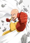  1boy absurdres bald bodysuit cape clenched_hands debris gloves highres looking_at_viewer male_focus one-punch_man open_mouth red_gloves saitama_(one-punch_man) solo stayaliveplz superhero white_background white_cape yellow_bodysuit 