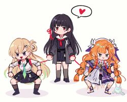  3girls black_hair black_jacket black_shoes black_skirt blonde_hair chibi chibi_only chisa_(wuthering_waves) dress green_eyes green_necktie heart highres jacket jhenny345 leash leash_pull long_hair lynae_(wuthering_waves) multiple_girls necktie orange_eyes purple_dress red_eyes red_rope rope sandals school_uniform shirt shoes sigrika_(wuthering_waves) simple_background skirt speech_bubble spoken_heart squatting standing violet_eyes white_background white_shirt wuthering_waves 
