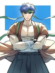  1boy alternate_costume aonagimay blue_eyes blue_hair closed_mouth commentary_request fire_emblem fire_emblem:_radiant_dawn highres ike_(fire_emblem) japanese_clothes large_pectorals looking_at_viewer male_focus midriff_sarashi muscular muscular_male pectoral_cleavage pectorals sarashi short_hair solo 