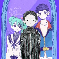  1girl 2boys :> amuro_ray aqua_hair belt black_belt blue_jacket book char's_counterattack chromatic_aberration closed_mouth commentary expressionless full_body gundam gundam:_hathaway's_flash hatching_(texture) hathaway_noa head_tilt jacket looking_at_mirror looking_at_viewer makuramoto_(5ma6gicha) mecha_pilot_suit mirror multiple_boys neck_ribbon normal_suit_(gundam) omocat_(style) omori pants parody quess_paraya ribbon sailor_collar short_hair smile standing style_parody turtleneck twintails uneven_twintails v_arms white_pants 