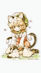  1girl absurdres animal animal_ear_fluff animal_ear_piercing animal_ears black_shoes blush bow bowtie bright_pupils brown_eyes brown_hair cat cat_ears cat_girl cat_tail chen closed_mouth commentary_request double-parted_bangs earrings frilled_skirt frills full_body green_hat hair_between_eyes hat highres im_(badmasa) jewelry long_sleeves mob_cap multiple_tails petting red_skirt red_vest shirt shoes short_hair simple_background single_earring sitting skirt skirt_set smile solo tail touhou two_tails vest wariza white_background white_bow white_bowtie white_pupils white_shirt 