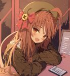  1girl :d ahoge beret blush bow brown_eyes brown_hair brown_headwear brown_jacket cellphone chair collarbone commentary_request hat highres jacket long_hair looking_at_viewer on_chair original phone red_bow seero shirt signature smile solo white_shirt 