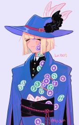  1boy blonde_hair bob_cut buttons closed_eyes collarbone commentary_request hat hat_feather highres hyyjn long_sleeves male_focus night_raven_college_third_years pomefiore_dorm_uniform purple_background purple_robe robe rook_hunt short_hair smile solo sticker tissue too_many_stickers twisted_wonderland 