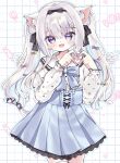  1girl :d absurdres animal_ear_fluff animal_ears black_bow blue_bow blue_eyes blue_skirt bow center_frills collared_shirt commentary_request dotted_line dress_shirt frills grey_hair hair_bow hair_intakes hands_up heart heart_hands heart_in_eye heart_print heterochromia highres indie_virtual_youtuber long_hair long_sleeves looking_at_viewer ni_kiro pink_bow pleated_skirt print_shirt puffy_long_sleeves puffy_sleeves shirt skirt smile solo sorashi_purumu symbol_in_eye thigh-highs twintails very_long_hair violet_eyes virtual_youtuber white_background white_shirt white_thighhighs yellow_bow 