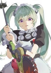  1girl apron black_dress circular_saw commentary_request corin_wickes dress green_hair hair_between_eyes highres holding holding_saw long_hair looking_at_viewer maid maid_apron maid_headdress open_mouth rinsyou saw screw_hair_ornament simple_background solo twintails violet_eyes weapon worried zenless_zone_zero 