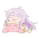  1boy 1girl blush closed_eyes commentary_request fire_emblem fire_emblem:_genealogy_of_the_holy_war julia_(fire_emblem) kirby kirby_(series) lying on_stomach open_mouth poaa_20 purple_hair sleeping sleeping_on_person white_background 