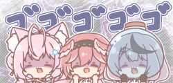  3girls :d ^_^ animal_ear_fluff animal_ears antenna_hair black_gloves black_hair black_hairband braid chibi closed_eyes commentary_request crown_braid gloves grey_hair hair_ornament hairband hakui_koyori hands_up head_wings highres hololive long_hair mitarashi_neko multicolored_hair multiple_girls mummy_costume pink_hair pink_wings sakamata_chloe shaded_face smile streaked_hair takane_lui translation_request upper_body virtual_youtuber wings x_hair_ornament 