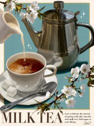  creamer_(vessel) cup english_text fine_9725 green_background highres milk_tea no_humans original plate pouring sparkle still_life sugar_cube tea teacup teapot teaspoon 