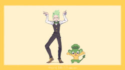  1boy :3 :d arms_up black_pants black_vest border bow bowtie brown_shoes buttons cilan_(pokemon) collared_shirt commentary_request full_body green_bow green_bowtie green_eyes green_hair highres index_fingers_raised long_sleeves looking_at_viewer male_focus meme open_mouth pansage pants pokedance_(meme) pokemon pokemon_(creature) pokemon_bw serizawa_serizane shirt shoes short_hair simple_background smile standing translation_request twitter_username vest white_shirt yellow_background yellow_border 
