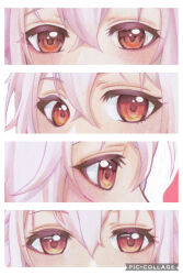  border collage column_lineup commentary_request eye_focus facing_to_the_side guilty_crown hair_between_eyes highres looking_at_viewer multiple_views pink_hair red_eyes sarina_(tosiyukiryousuke) shikishi traditional_media watermark white_border yuzuriha_inori 