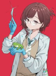  1girl blue_eyes brown_hair brown_sweater_vest commentary frog glasses gloves hair_ornament hairclip highres higuchi_madoka idolmaster idolmaster_shiny_colors lab_coat latex latex_gloves medium_hair red_eyes round_eyewear scalpel school_uniform simple_background solo sweater_vest test_tube tinkie 