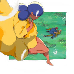  1girl 2boys amuro_ray bare_legs black_hair blonde_hair brown_hair char's_counterattack char_aznable commentary_request dark-skinned_female dark_skin desi double_bun dress feathers fighting grass gundam hair_bun highres lalah_sune legs long_hair mobile_suit_gundam multiple_boys short_hair user_xfhp8435 