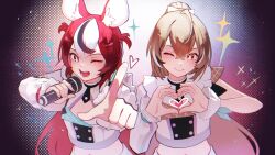  2girls ;) ;d ahoge animal_ear_fluff animal_ears black_streaks blue_eyes brown_eyes brown_hair buttons cleavage_cutout closed_mouth clothing_cutout commentary cropped_jacket crossed_bangs double-breasted double-parted_bangs english_commentary hair_between_eyes hakos_baelz heart heart_hands highres holding holding_microphone hololive hololive_english hololive_idol_uniform_(bright) idol_(yoasobi) jacket long_hair long_sleeves looking_at_viewer microphone mouse_ears mouse_girl multicolored_hair multiple_girls namiorii nanashi_mumei official_alternate_costume one_eye_closed open_mouth red_hair single_sleeve single_wrist_cuff smile star-shaped_pupils star_(symbol) streaked_hair symbol-shaped_pupils two_side_up virtual_youtuber white_jacket white_streaks wrist_cuffs 