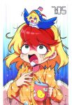  1girl absurdres animal_on_head animal_print bird bird_on_head bird_print blonde_hair clownpiece cup highres holding holding_cup looking_up multicolored_hair niwatari_kutaka on_head open_mouth pajamas ranka_(tonbo) red_eyes surprised time_paradox timestamp toothbrush touhou two-tone_hair wide-eyed yellow_pajamas 