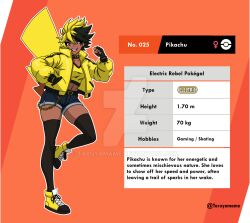  1girl :d artist_name belt black_eyes black_hair blonde_hair chain character_name character_profile collar crop_top dark-skinned_female dark_skin deviantart_logo deviantart_username earrings english_text fingerless_gloves gloves gold_chain hand_in_pocket highres jacket jewelry multicolored_hair navel open_clothes open_jacket open_mouth orange_background personification pikachu pokedex_number pokemon short_shorts shorts smile solo spiked_collar spikes standing standing_on_one_leg tail taruyamame thigh-highs tomboy watermark yellow_jacket 