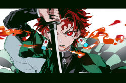  1boy black_haori black_jacket bright_pupils checkered_haori chinese_commentary commentary_request curtained_hair earrings finsuess fire green_haori haori highres holding holding_sword holding_weapon jacket japanese_clothes jewelry kamado_tanjirou kimetsu_no_yaiba layered_sleeves letterboxed long_sleeves male_focus red_eyes sanpaku scar scar_on_face scar_on_forehead short_over_long_sleeves short_sleeves simple_background sketch solo sword two-tone_haori weapon white_background white_pupils 