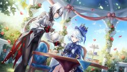  2girls ahoge arlecchino_(genshin_impact) asymmetrical_gloves black_gloves black_hair black_pants blue_eyes blue_hair blue_hat chair closed_mouth commentary cup drop-shaped_pupils furina_(genshin_impact) genshin_impact gloves grey_hair hair_between_eyes hat highres hikarilux long_hair long_hair_between_eyes long_sleeves mismatched_gloves multicolored_hair multiple_girls on_chair open_mouth pants pouring red_eyes short_hair sitting smile standing symbol-shaped_pupils teacup teapot top_hat two-tone_hair white_gloves x-shaped_pupils 