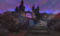  castle clouds commentary english_commentary fire gate hermitcraft highres in-universe_location minecraft_youtube no_humans painterly rock scenery sevenchi signature sky stairs torch 