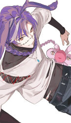  1boy animal_ears belt black_belt black_pants black_shirt braid genderswap genderswap_(ftm) hair_over_shoulder highres indie_virtual_youtuber jared_(michi_mochievee) jewelry layered_sleeves long_sleeves looking_at_viewer michi_mochievee multicolored_hair necklace pako_(pakosun) pants patchwork_skin purple_hair rabbit_ears shirt short_over_long_sleeves short_sleeves single_braid sitting solo stitched_face stitches streaked_hair torn_clothes torn_shirt undershirt white_background white_hair white_shirt yellow_eyes 